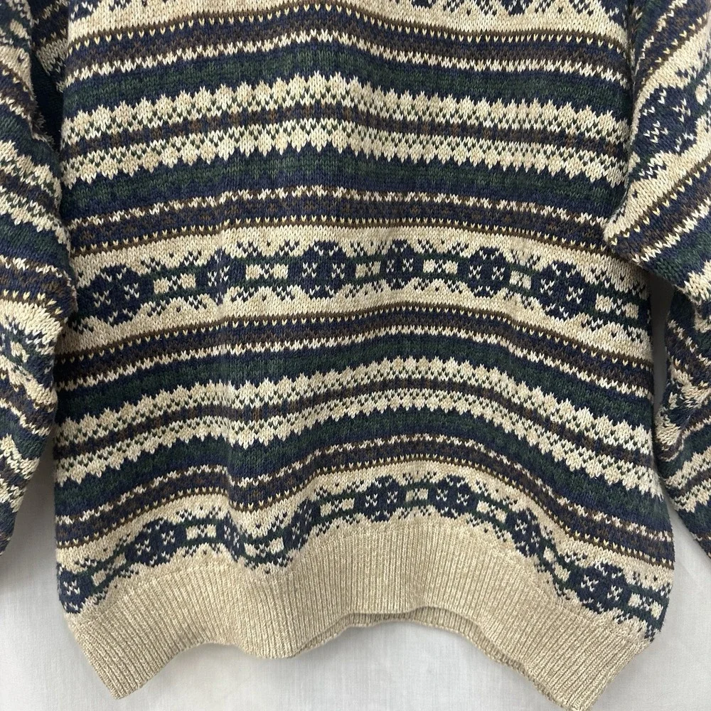 Vintage IZOD Sweater XL Beige Fair Isle Cotton Crewneck Knit Pullover Stripes